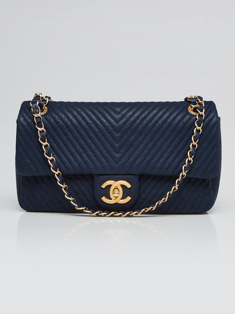 Chanel Navy Blue Chevron Medium Flap Bag