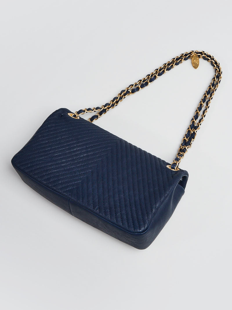 Chanel Navy Blue Chevron Medium Flap Bag