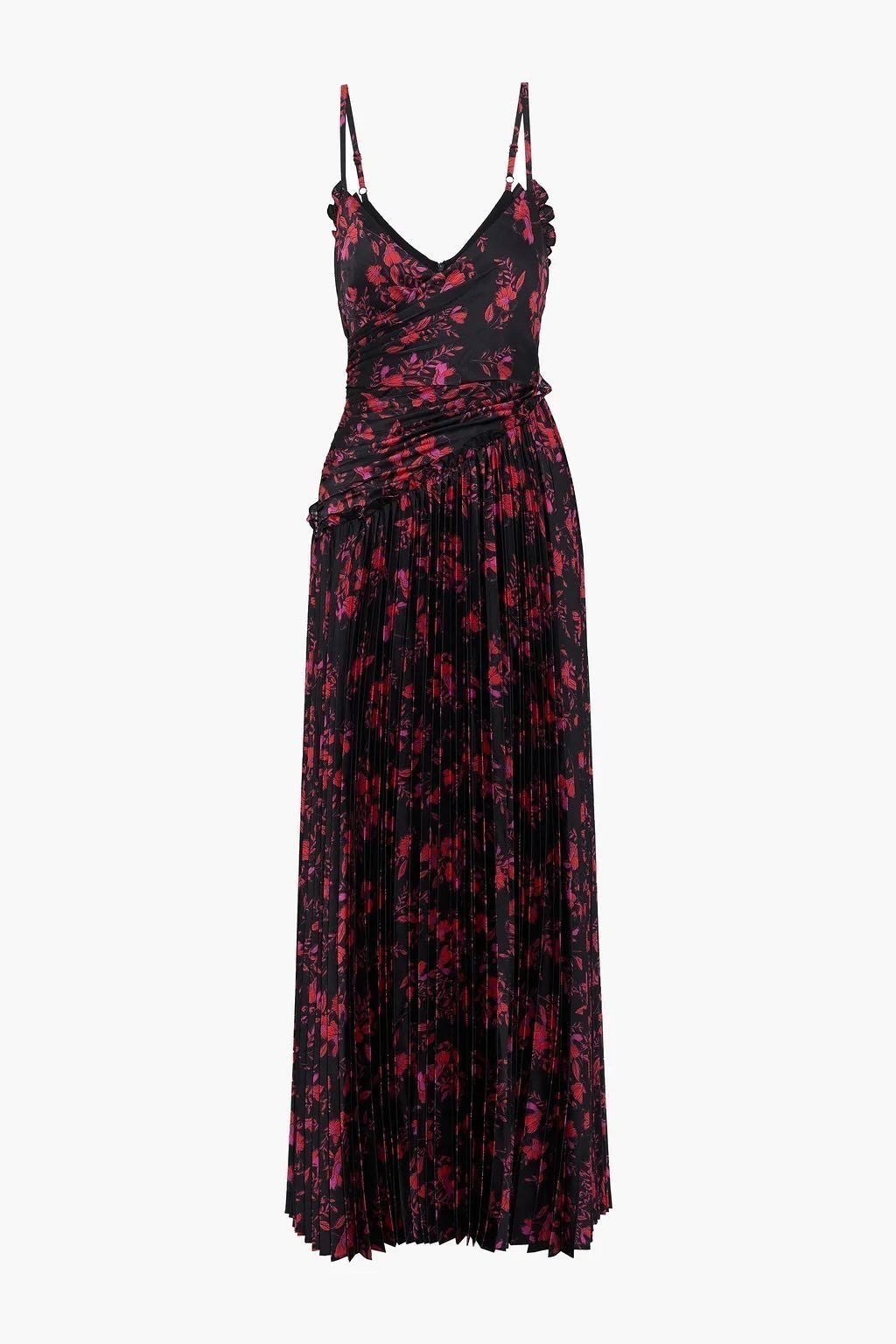 Monique Lhuillier Wrap-effect pleated floral-print satin maxi dress