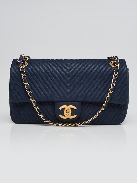 Chanel Navy Blue Chevron Medium Flap Bag